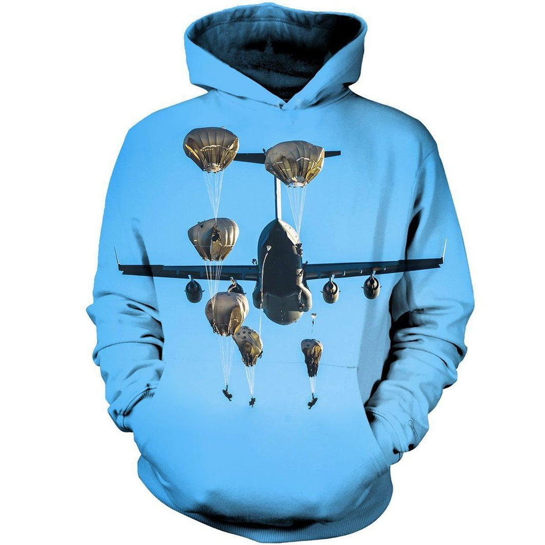 Paratrooper Airplane Flying In Blue Sky Unisex 3D Hoodie All Over Print