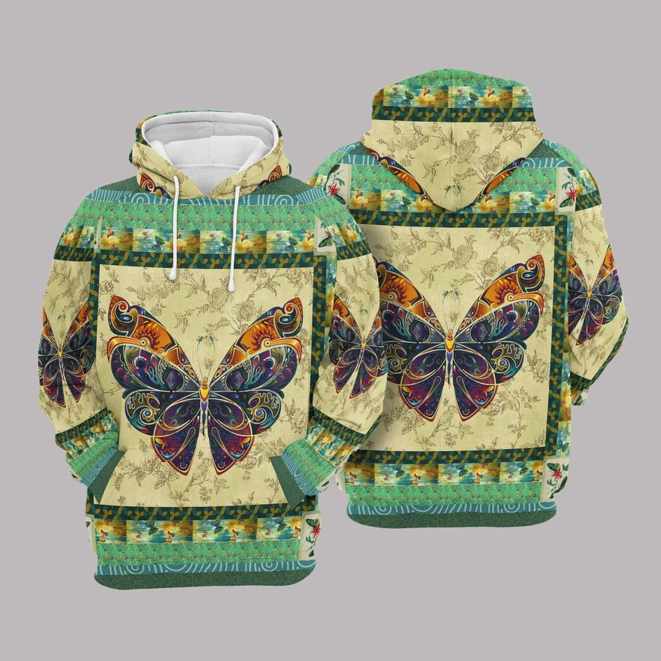 Butterfly Green And Cream Amazing Design Unisex 3D Hoodie All Over Print