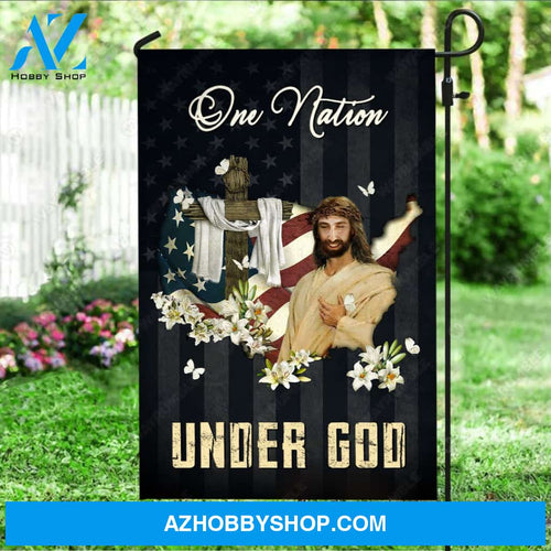 Lily flower garden, The face of Jesus, Wooden cross, One nation under God - Jesus Flag