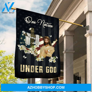 Lily flower garden, The face of Jesus, Wooden cross, One nation under God - Jesus Flag