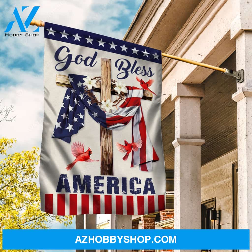 Lily flower wreath, Red cardinal, Cross symbol, God bless America - Jesus Flag
