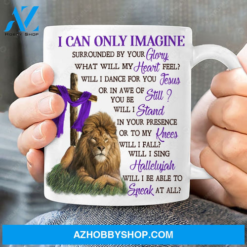 Lion king, Green meadow, Purple background, I can only imagine - Jesus White Mug