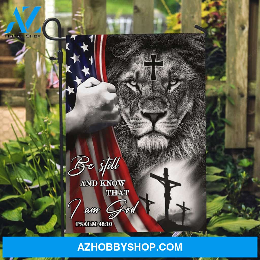 Lion King, King of Kings, Black and white painting, Be still and know that I am God - Jesus Flag