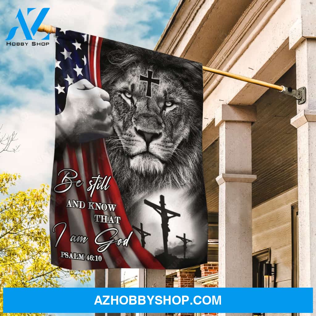 Lion King, King of Kings, Black and white painting, Be still and know that I am God - Jesus Flag