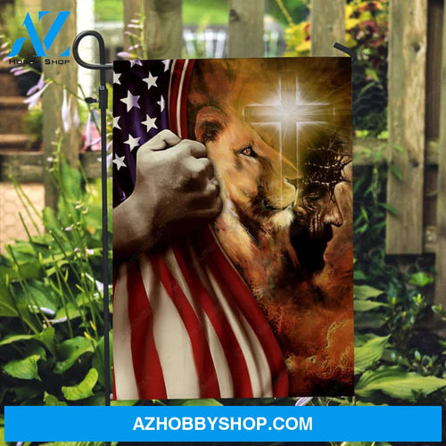 Lion of Judah, American flag, Shining cross, Christ the redeemer - Jesus Flag