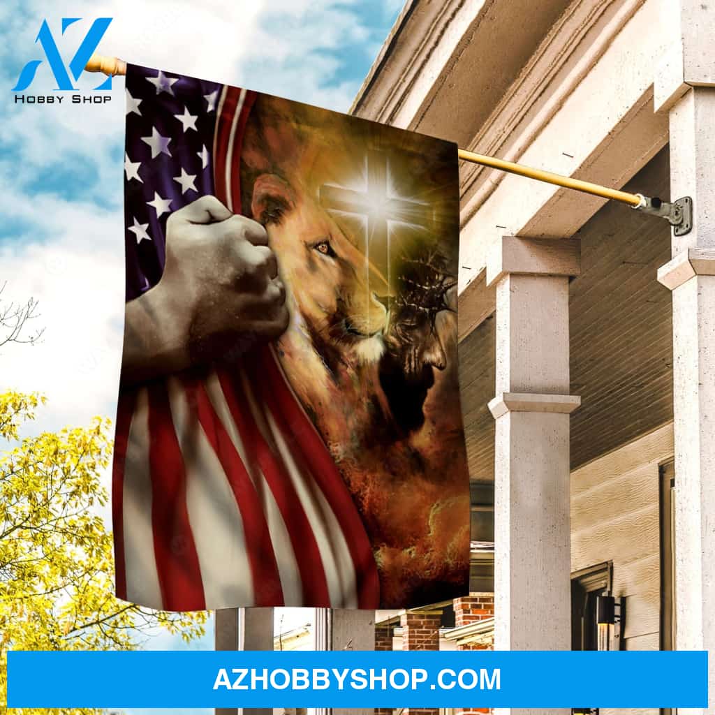 Lion of Judah, American flag, Shining cross, Christ the redeemer - Jesus Flag