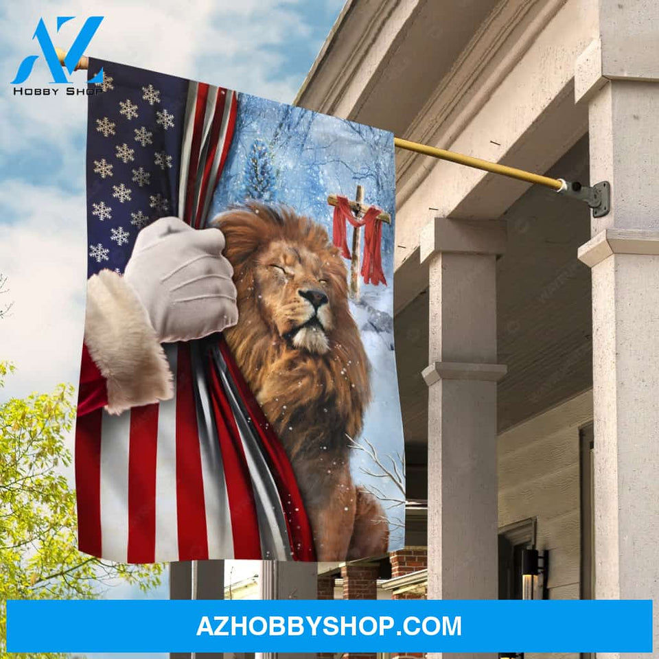 Lion of Judah, American flag, Wooden cross, Beautiful snowfall - Jesus Flag