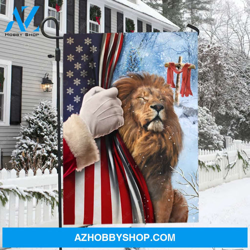 Lion of Judah, American flag, Wooden cross, Beautiful snowfall - Jesus Flag