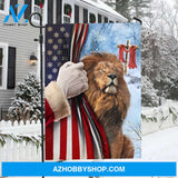 Lion of Judah, American flag, Wooden cross, Beautiful snowfall - Jesus Flag
