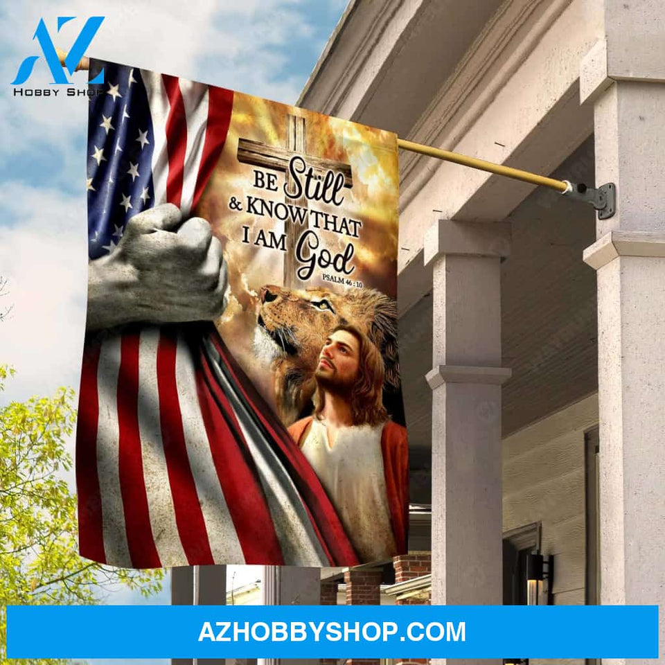 Lion of Judah, American flag, Wooden cross, Bible verse, Be still and know that I am God - Jesus Flag