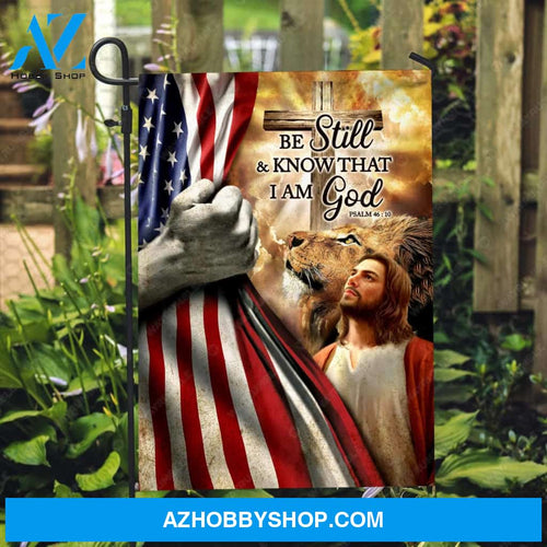 Lion of Judah, American flag, Wooden cross, Bible verse, Be still and know that I am God - Jesus Flag