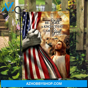 Lion of Judah, American flag, Wooden cross, Bible verse, Be still and know that I am God - Jesus Flag