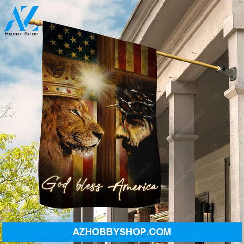 Lion of Judah, Jesus drawing, Face to face, Golden crown, God bless America - Jesus Flag