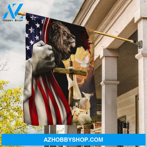 Lion of Judah, Lambs of God, Easter cross, USA flag - Jesus Flag