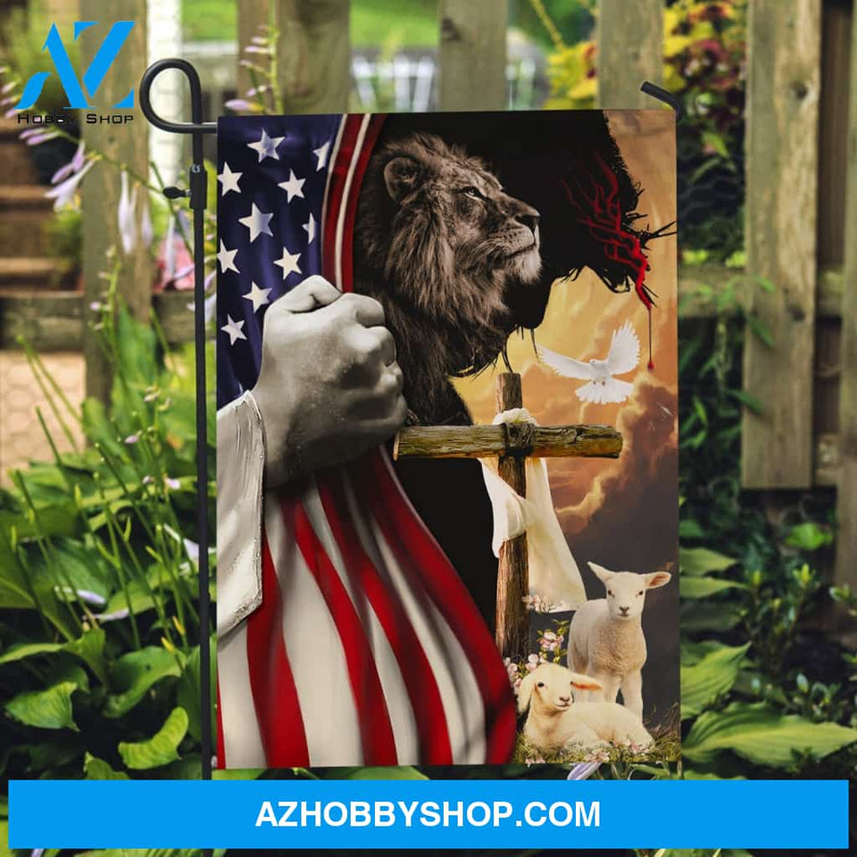 Lion of Judah, Lambs of God, Easter cross, USA flag - Jesus Flag