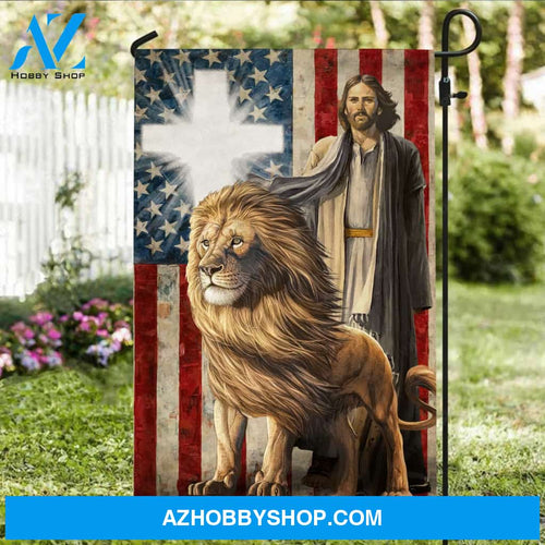 Lion of Judah, Walking with Jesus, Light cross, US flag background - Jesus Flag
