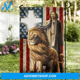 Lion of Judah, Walking with Jesus, Light cross, US flag background - Jesus Flag
