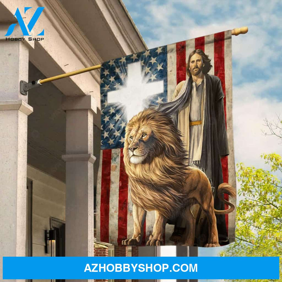 Lion of Judah, Walking with Jesus, Light cross, US flag background - Jesus Flag