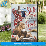 Lion of Judah, Wooden cross, Winter season, Be still and know that I am God - Jesus Flag