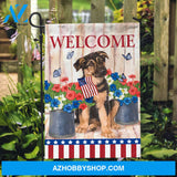 Little German shepherd, Pretty hibiscus flower, US flag, Welcome - German shepherd Flag