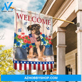 Little German shepherd, Pretty hibiscus flower, US flag, Welcome - German shepherd Flag