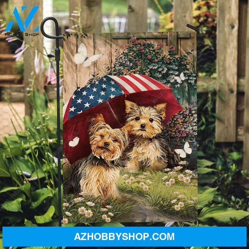 Little Yorkshire Terrier, Colorful umbrella, Spring garden - Yorkshire Terrier Flag