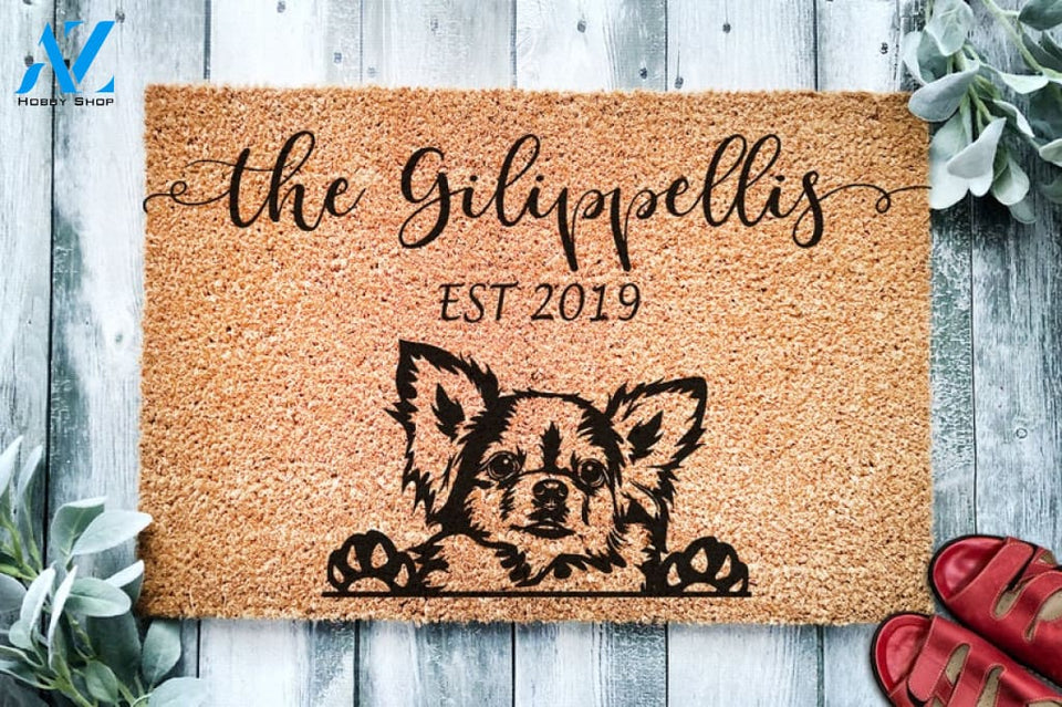 Long Haired Chihuahua Puppy Dog Personalized Doormat Custom Doormat Housewarming Gift Last Name Door Mat