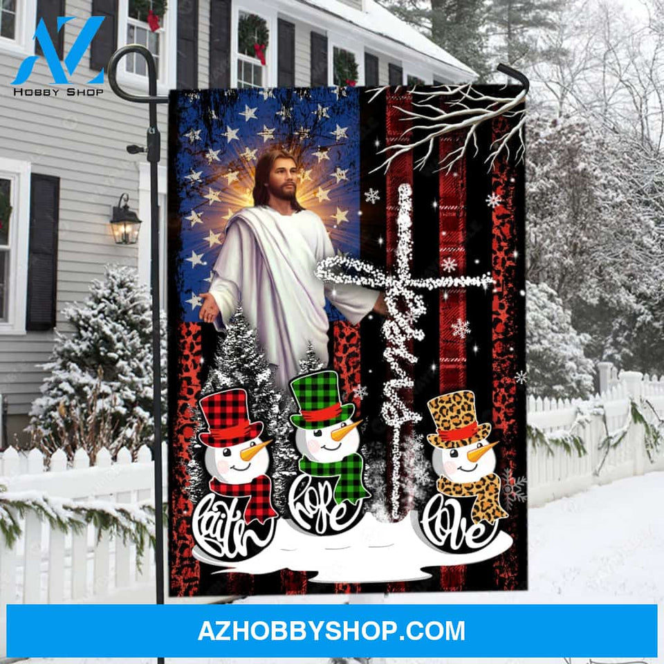 Lovely snowman drawing, Jesus painting, American flag, Faith, Hope, Love - Jesus Flag