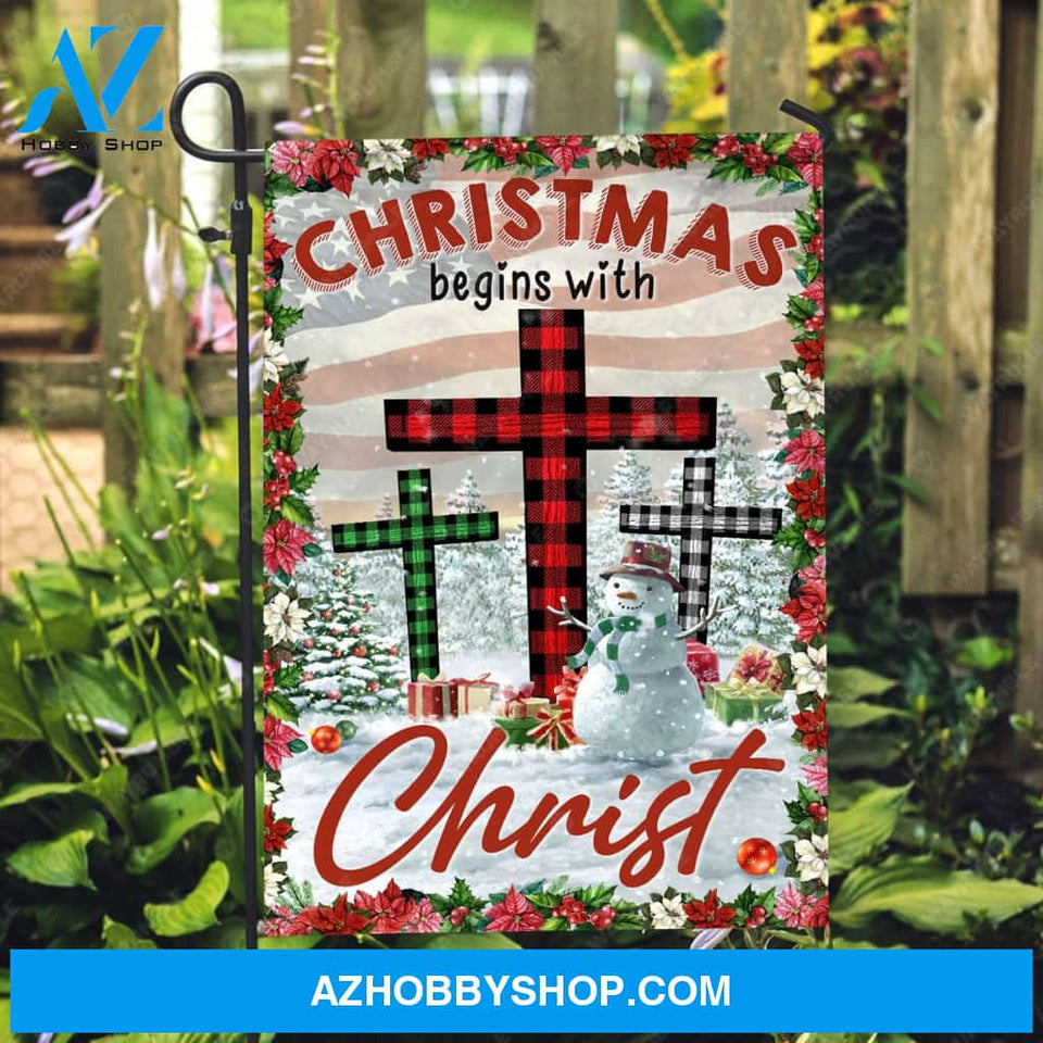 Lovely snowman, Winter season, Poinsettia drawing, Christmas begins with Christ - Jesus Flag