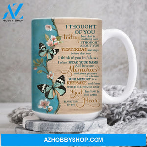 Mint butterfly, Peach blossom, Spring drawing, I thought of you today - Heaven AOP Mug