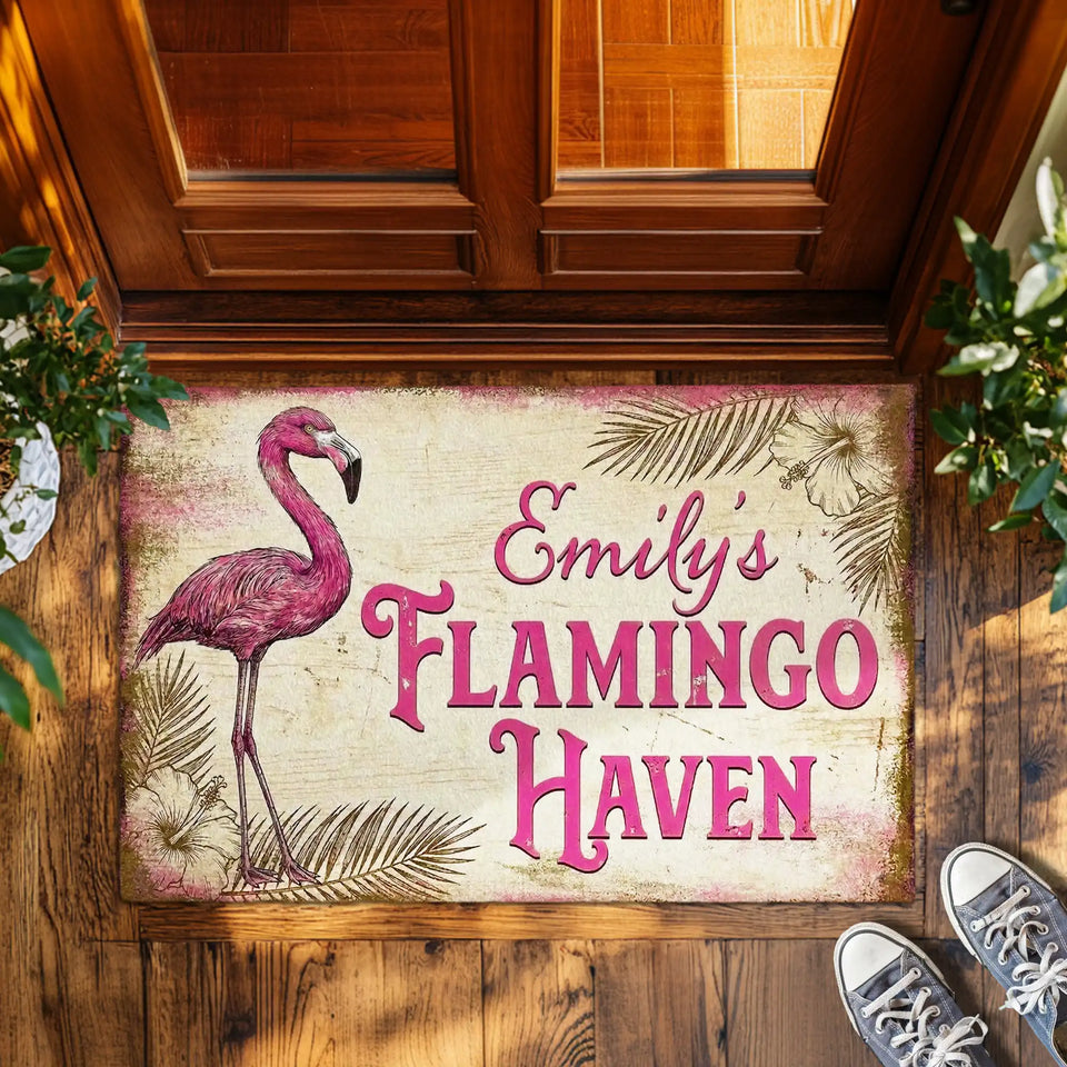 Personalized Vintage Flamingo Doormat – Custom Name Tropical Mat