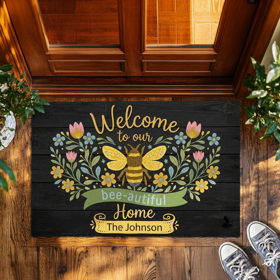 Personalized Bee Doormat – Custom Family Name Welcome Mat