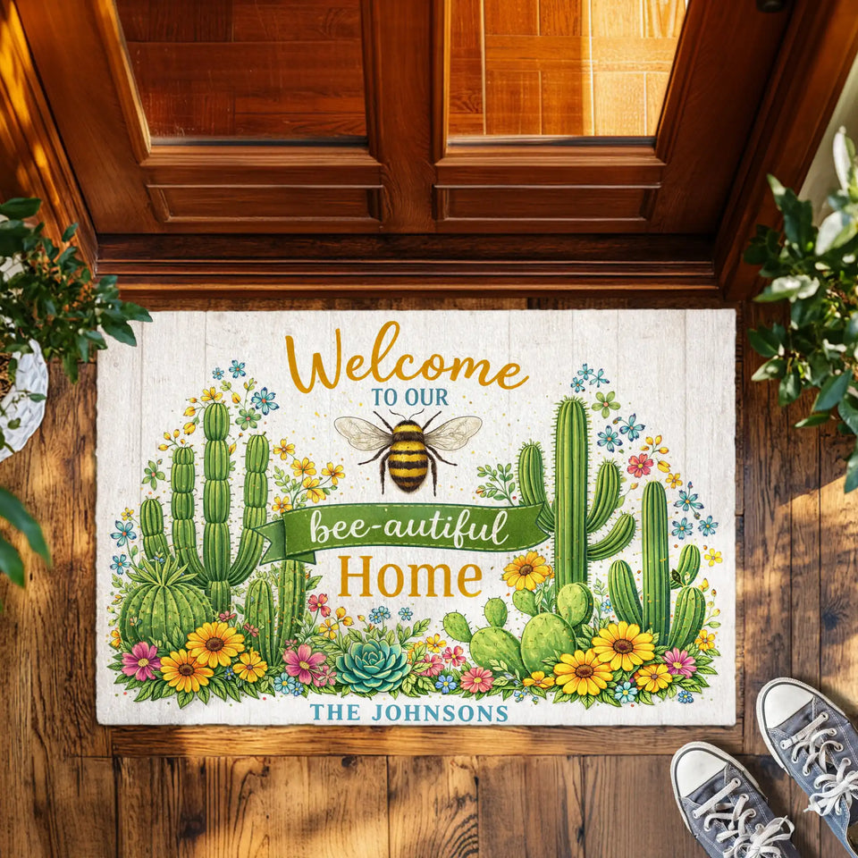 Personalized Bee Cactus Doormat – Custom Family Name Mat