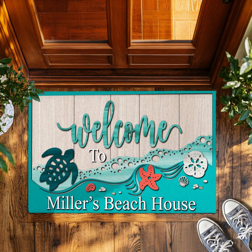 Personalized Beach House Doormat – Custom Family Name Turtle Mat