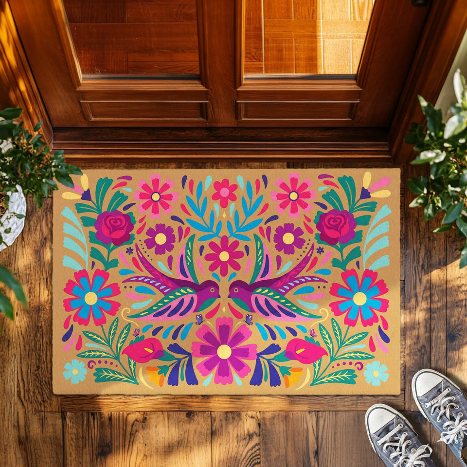 Mexican Folk Art Doormat – Colorful Floral Bird Welcome Mat