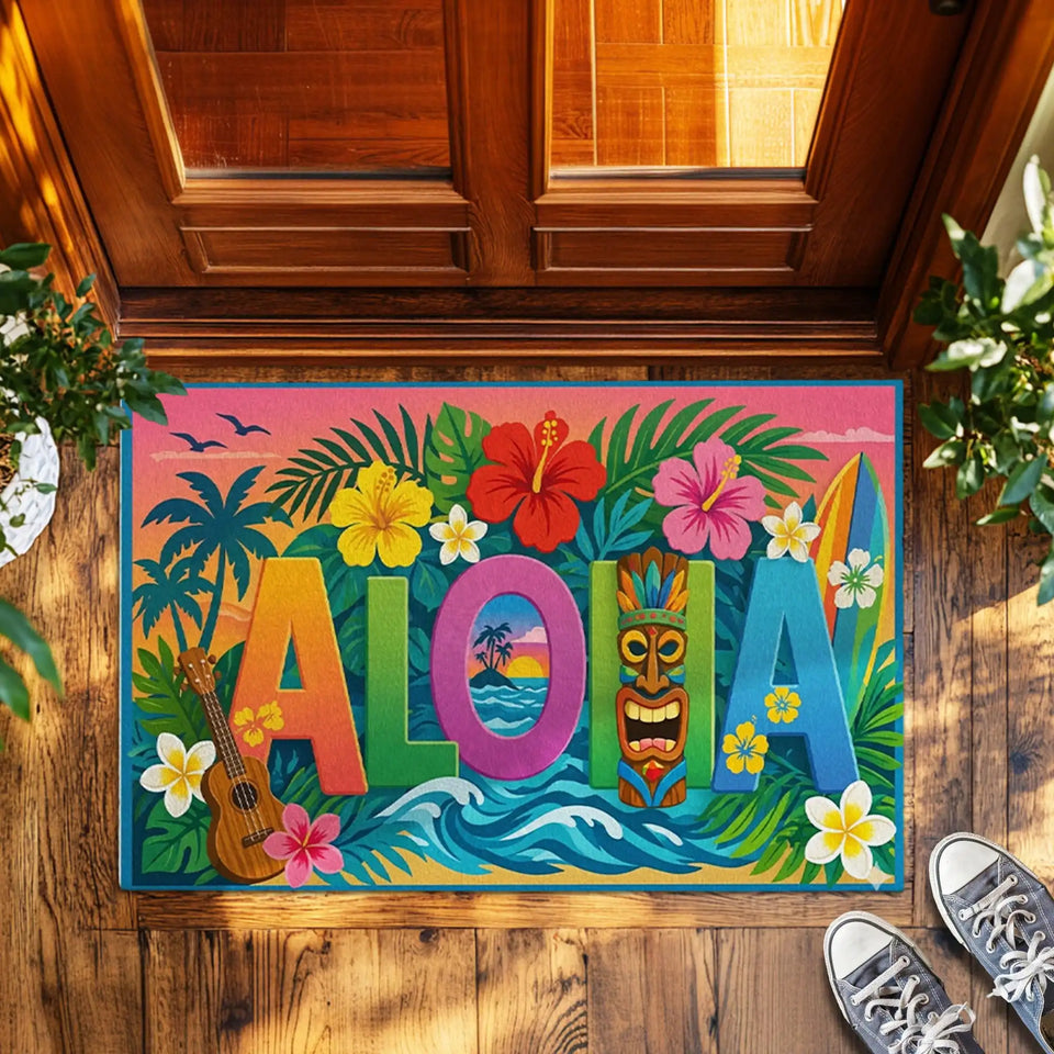 Tropical Aloha Doormat – Hawaiian Floral Beach Welcome Mat