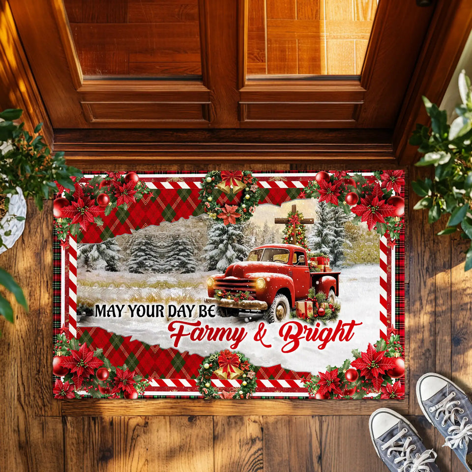 Farmhouse Christmas Doormat – Red Truck Holiday Welcome Mat