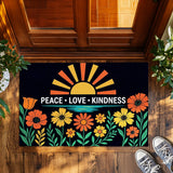 Peace Love Kindness Doormat – Retro Floral Sunrise Welcome Mat