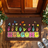 Retro Hand Gesture Doormat – Colorful Floral Welcome Mat