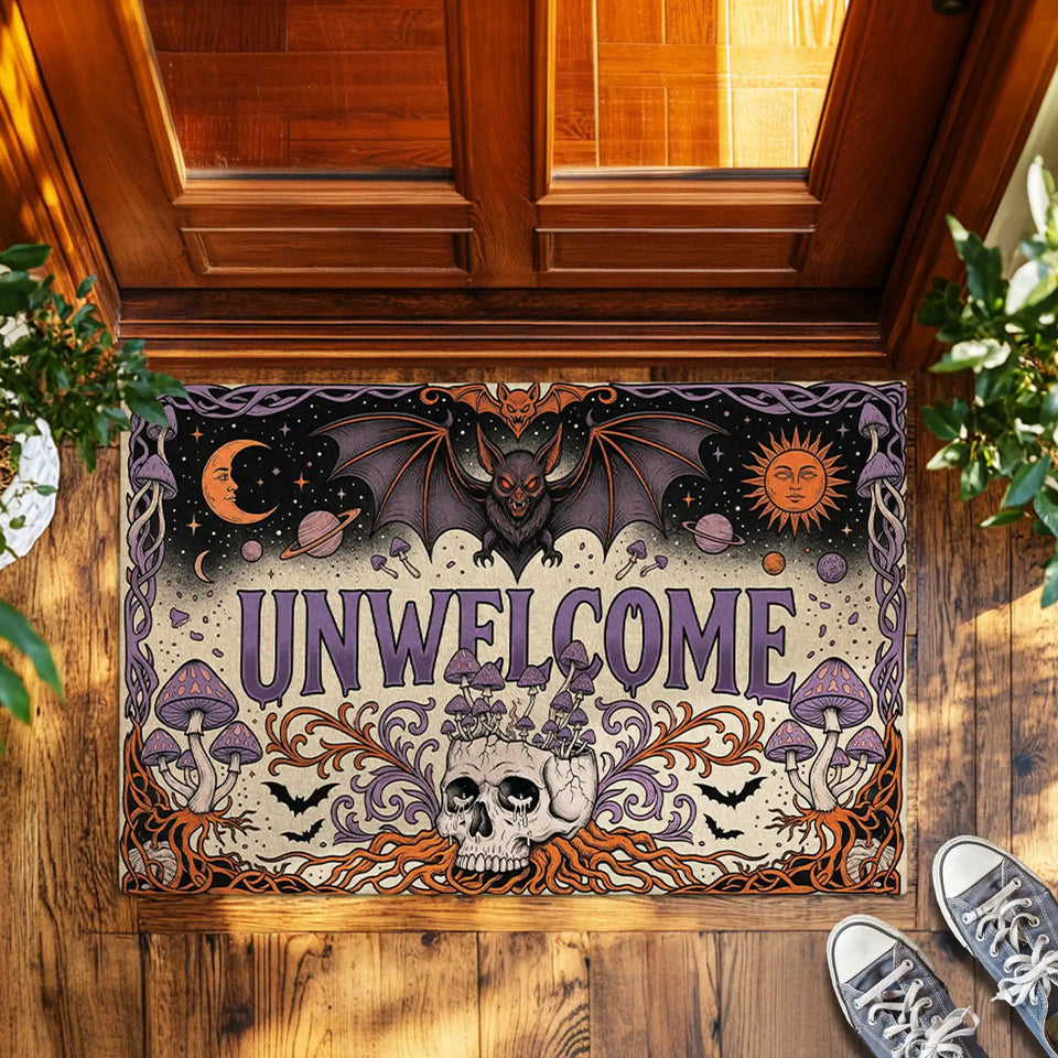 Gothic Unwelcome Doormat – Bat Skull & Mushroom Welcome Mat