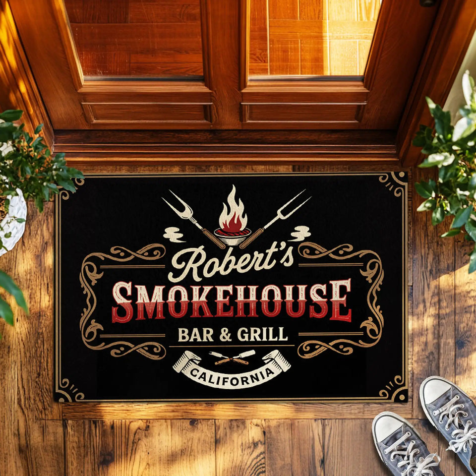 Personalized Smokehouse Doormat – Custom Name & Place BBQ Mat