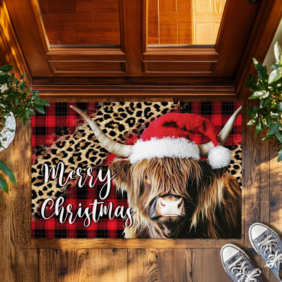 Highland Cow Christmas Doormat – Merry Christmas Welcome Mat