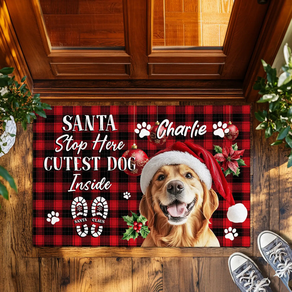 Personalized Dog Christmas Doormat – Santa Stop Here Welcome Mat