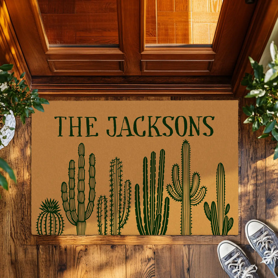 Personalized Cactus Doormat – Custom Family Name Welcome Mat