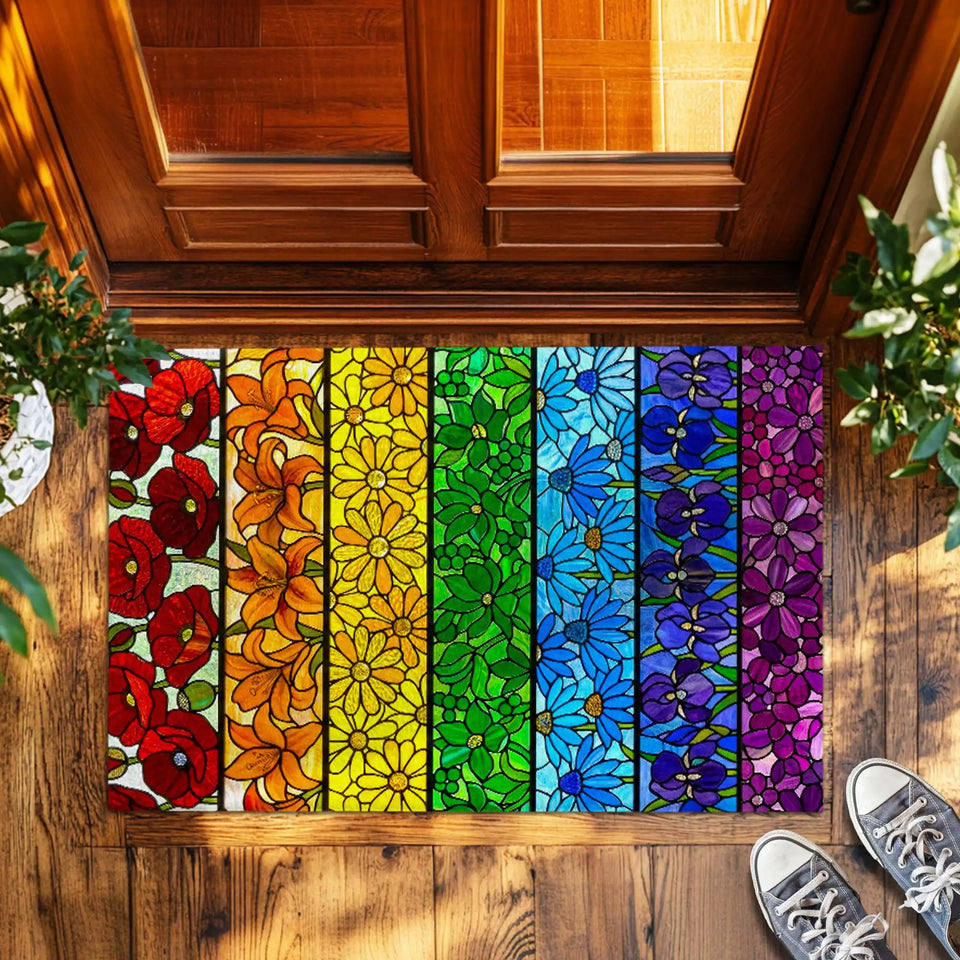 Rainbow Floral Doormat – Stained Glass Flower Welcome Mat