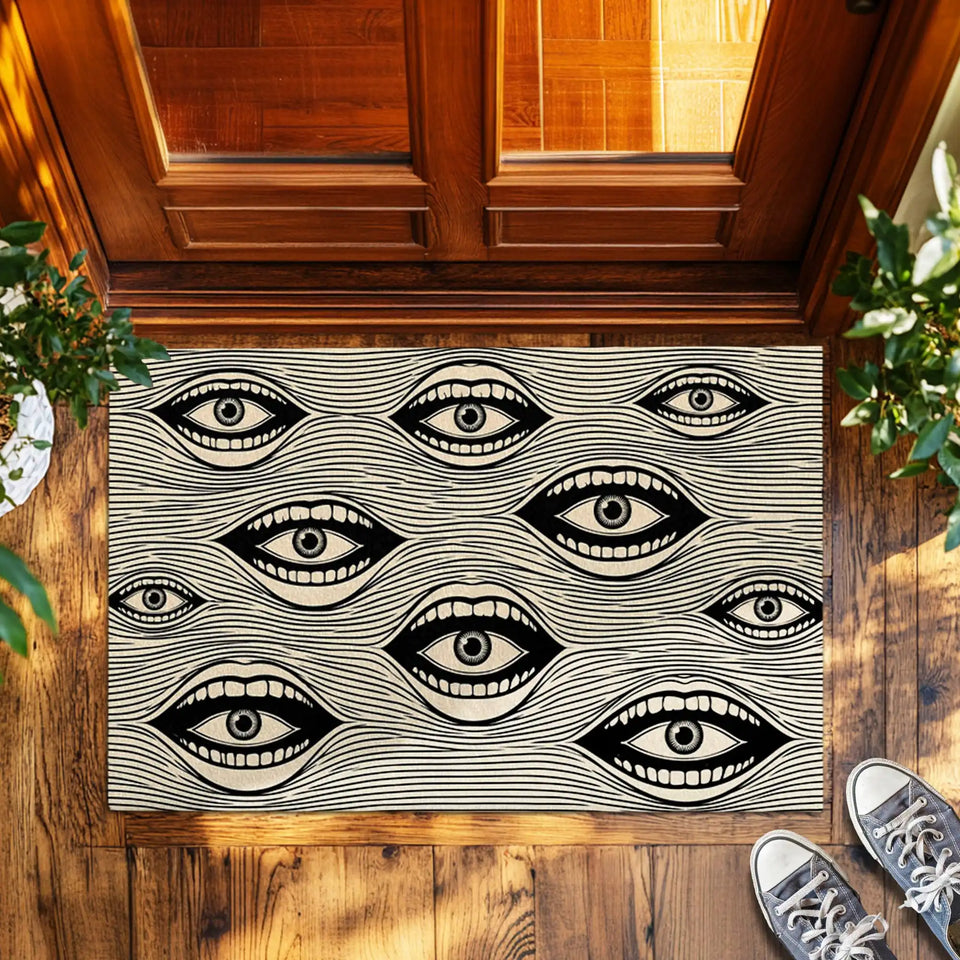Surreal Eye Mouth Doormat – Black & White Optical Art Mat