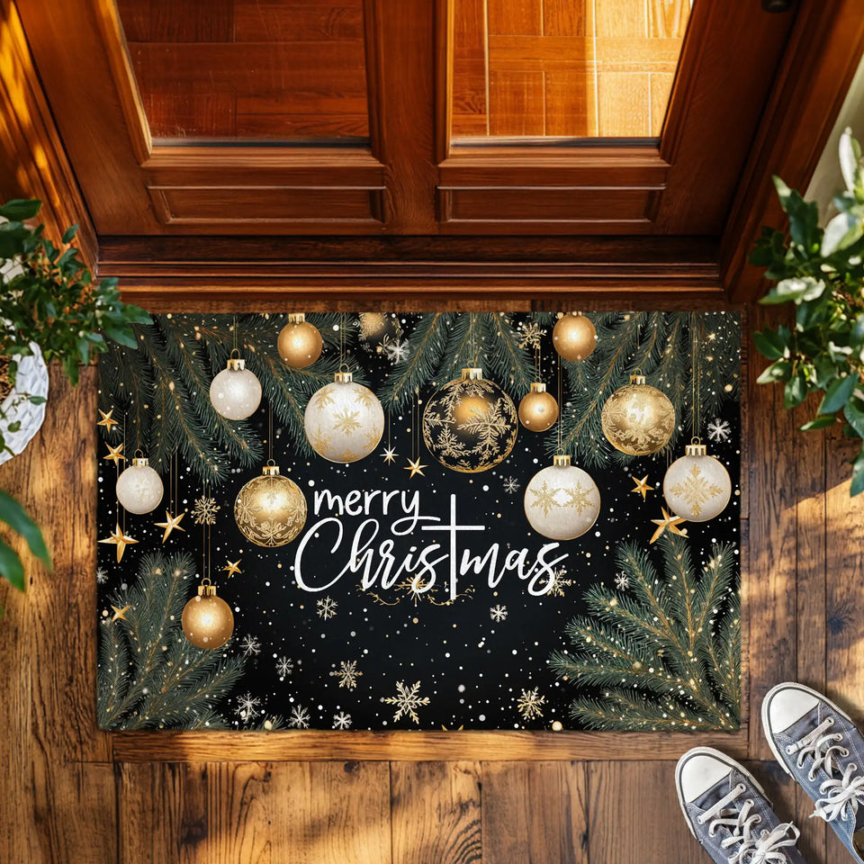 Elegant Christmas Doormat – Black Gold Ornament Welcome Mat