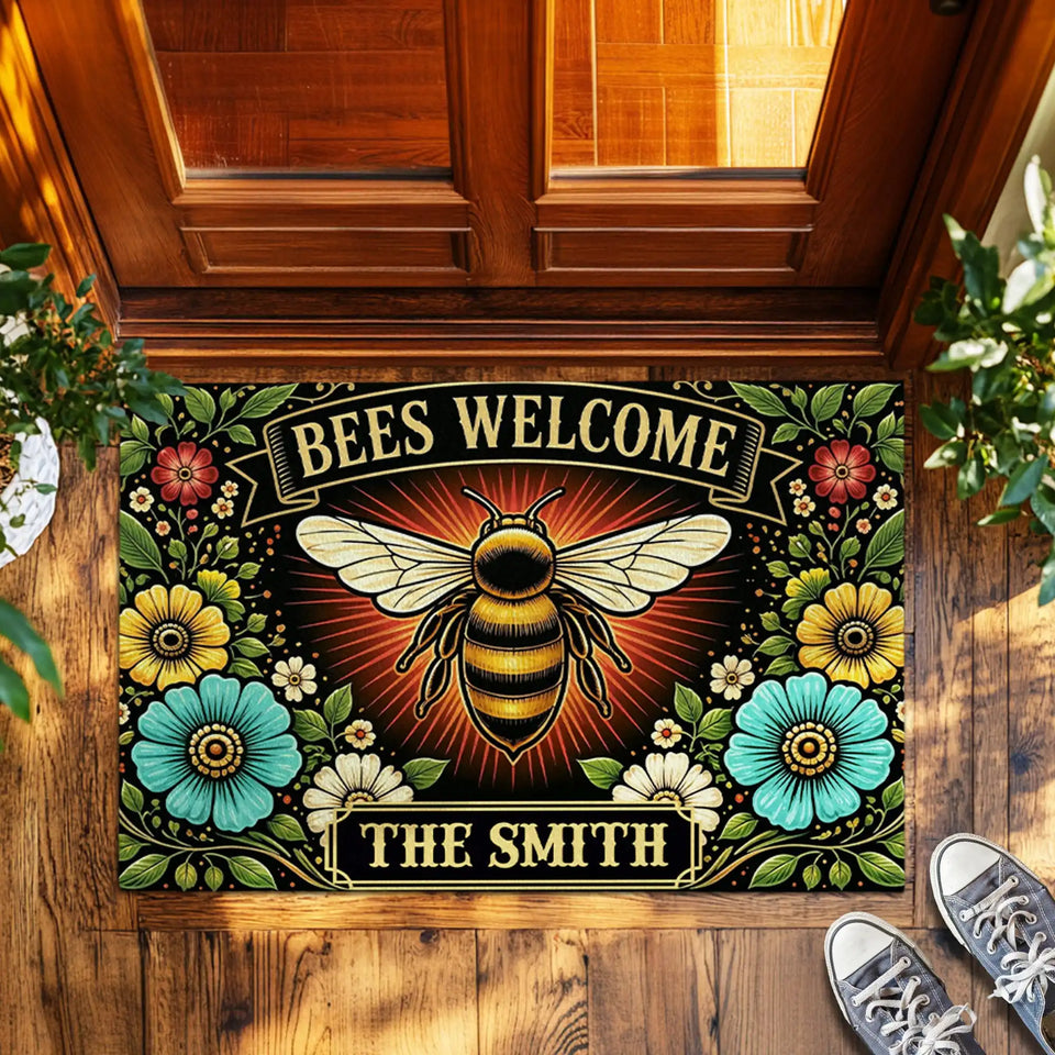 Personalized Floral Bee Doormat – Custom Family Name Welcome Mat