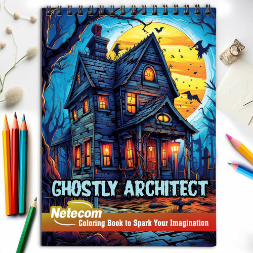 Ghostly Architect Spiral Bound Coloring Book, Celebrate the Spectral Beauty of Architecture with 30 Delightful Coloring Book Pages, Each Infused with Ghostly Magic.