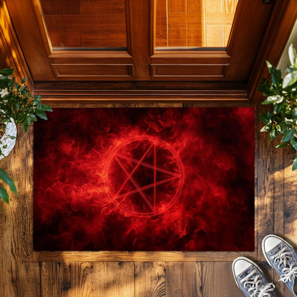 Red Pentagram Doormat – Gothic Occult Welcome Mat